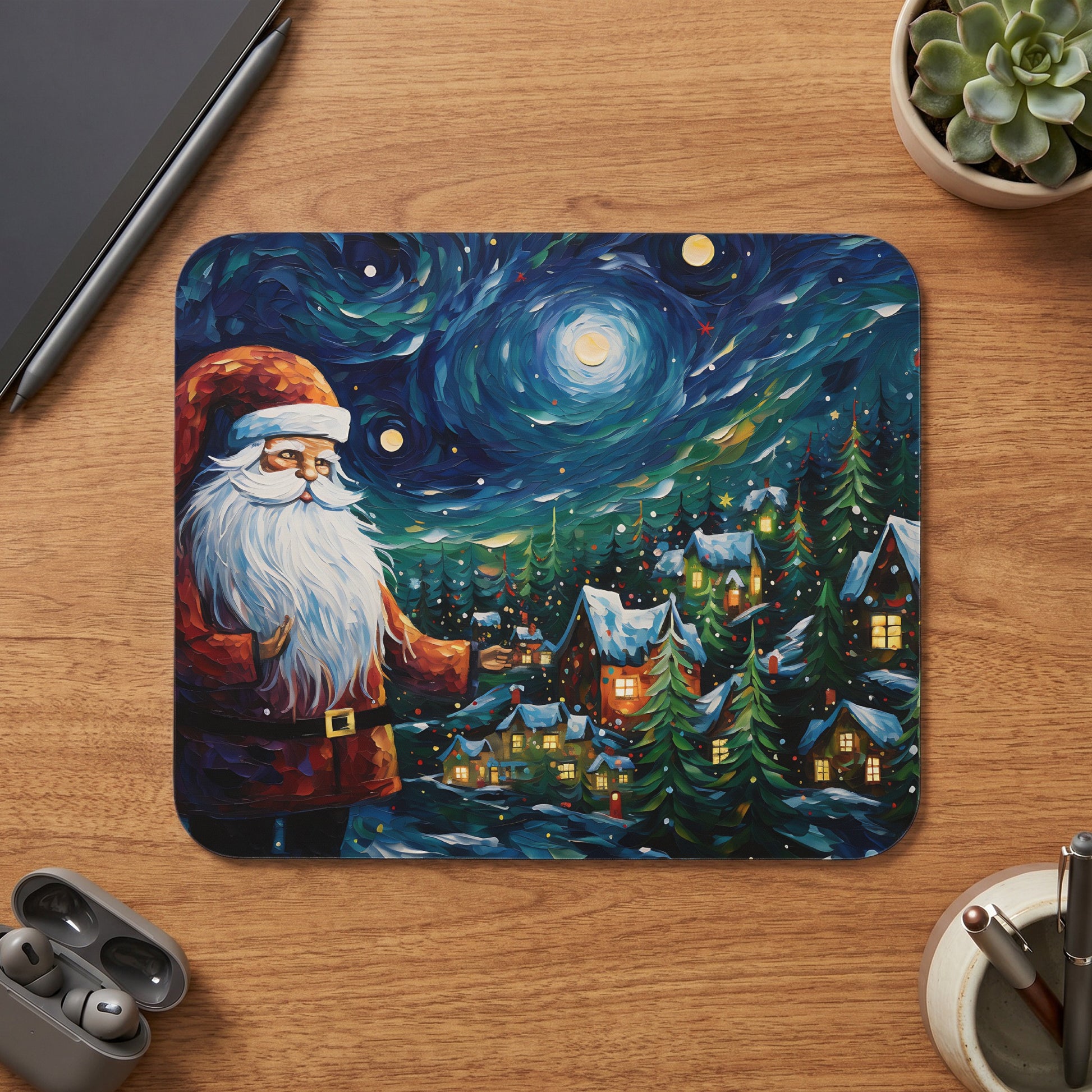 Santa Claus stands before a snowy village under a starry night sky.