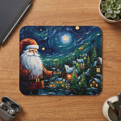 Santa Claus stands before a snowy village under a starry night sky.
