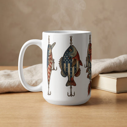 White mug with American flag fishing lures and steam rising.