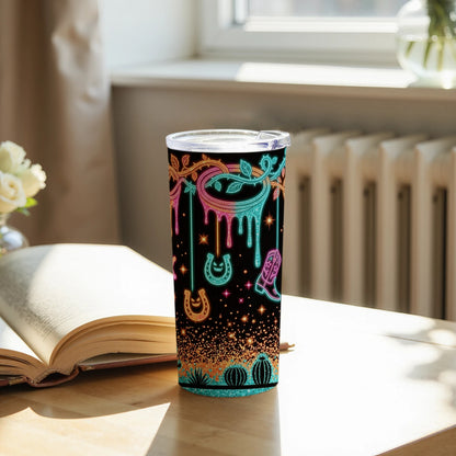 Black tumbler with neon Western design of horseshoes, boots, and desert plants.