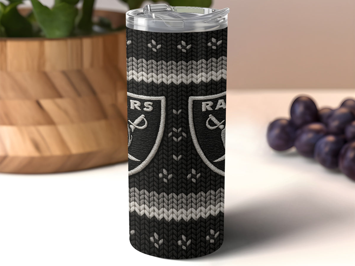 Black tumbler with Raiders logo and knit pattern design.
