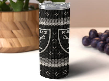 Black tumbler with Raiders logo and knit pattern design.