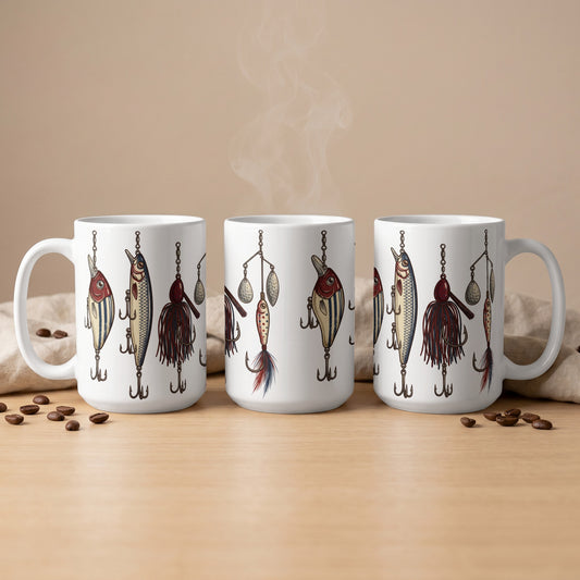 White mugs with fishing lures and hooks design, some showing steam.