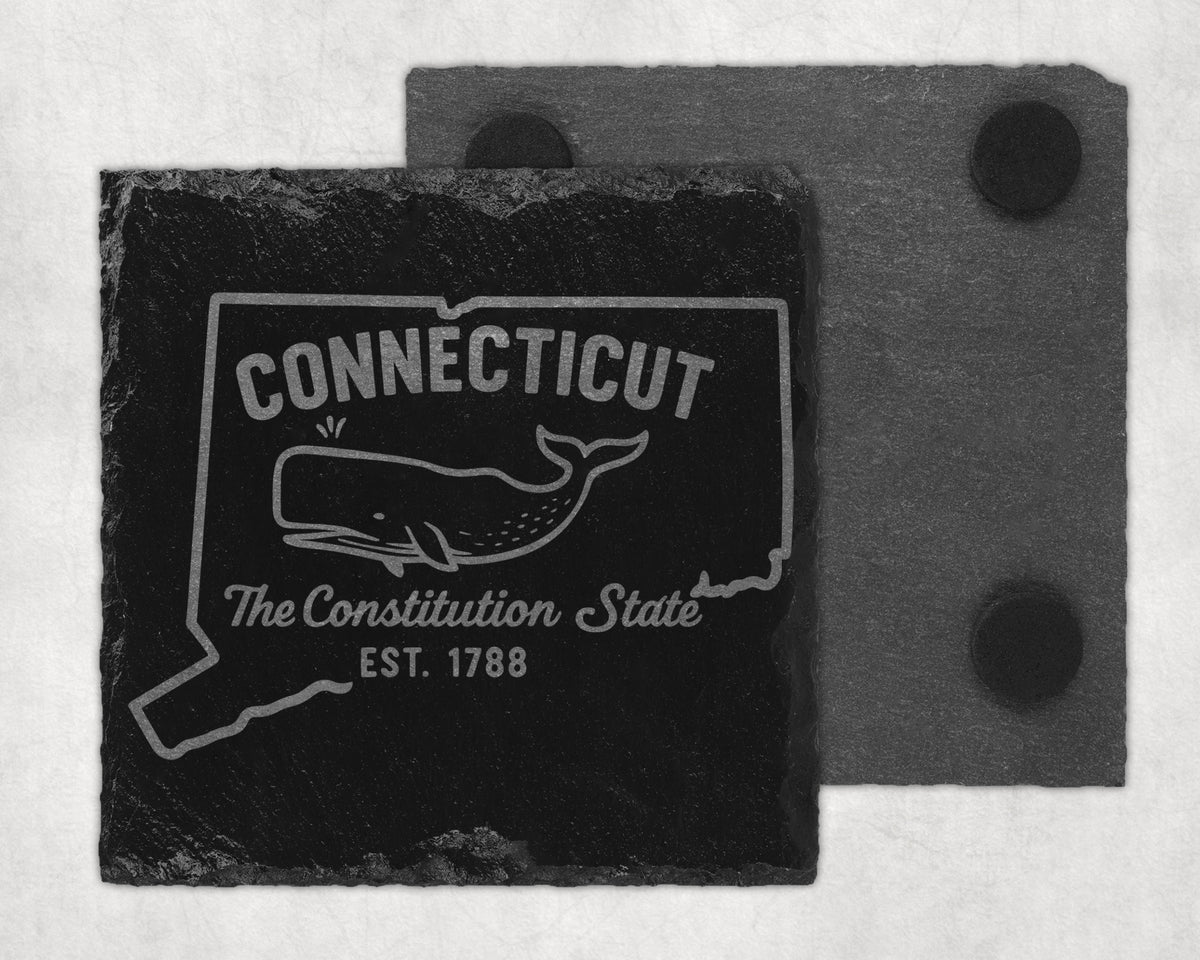 Slate coaster with Connecticut outline, whale, "The Constitution State," and "EST. 1788."