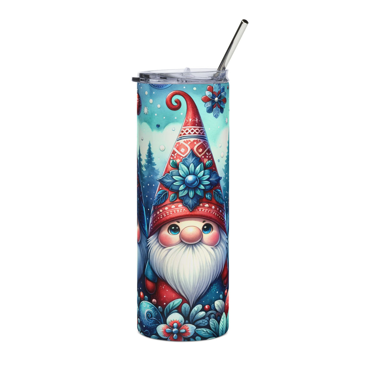 Watercolor tumbler with gnome and floral winter design, featuring a metal straw.