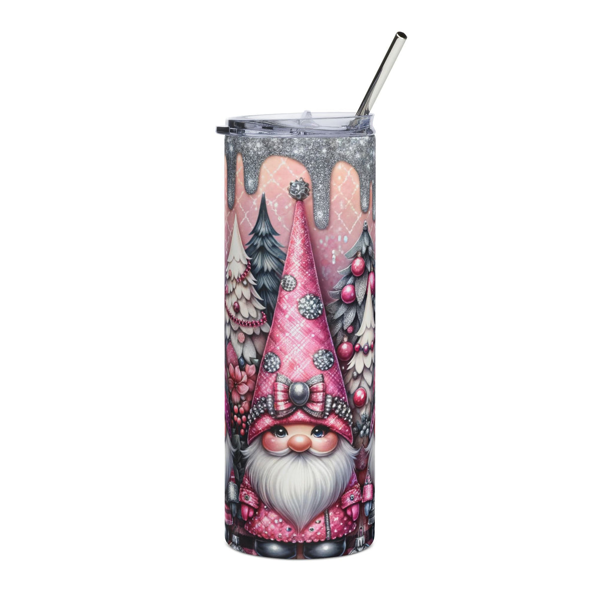 Pink gnome and Christmas trees tumbler with a metal straw and clear lid.