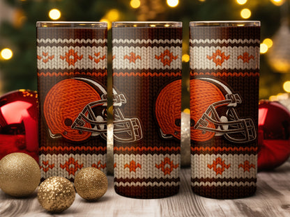 Three tumblers with a brown, cream, and orange knitted pattern featuring a football helmet.
