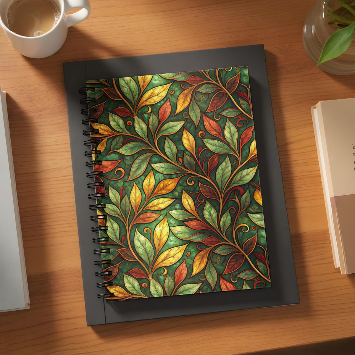 Spiral notebook with a green, gold, and red leaf pattern design.