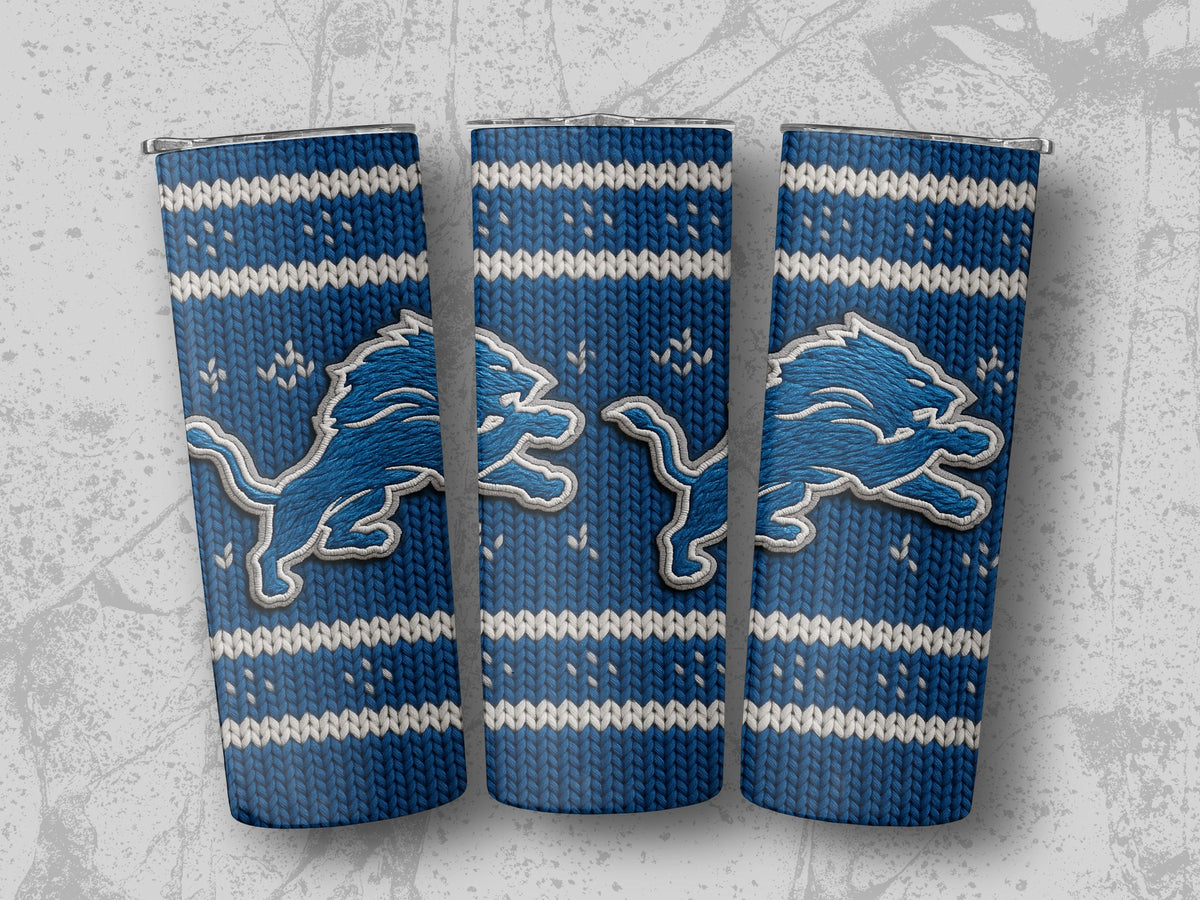Three tumblers with Detroit Lions logo on a blue knit pattern.