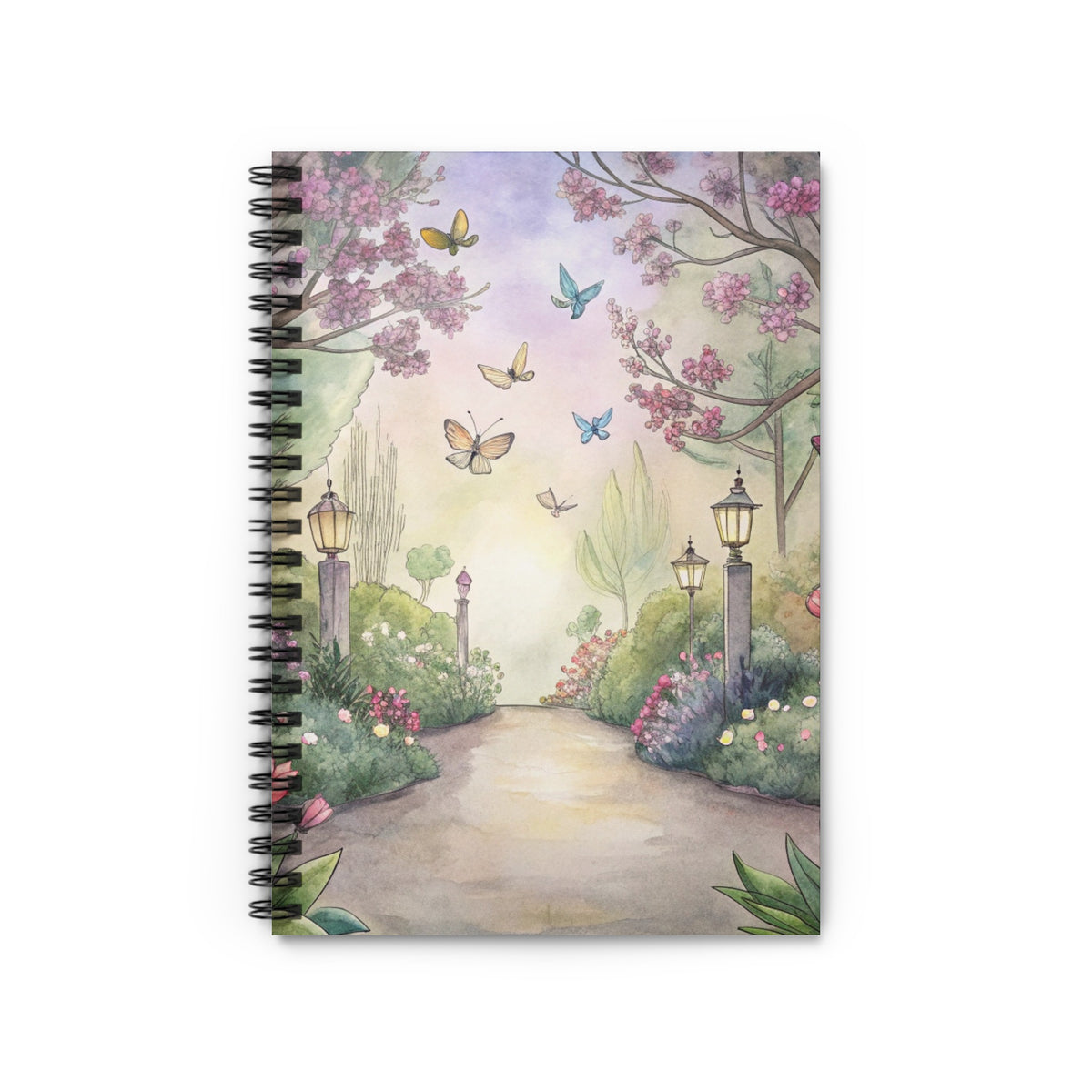 Spiral-bound notebook with a watercolor garden path and butterfly art.