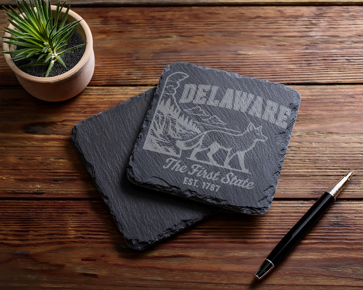 Engraved slate coaster with Delaware design and text "The First State EST. 1787".