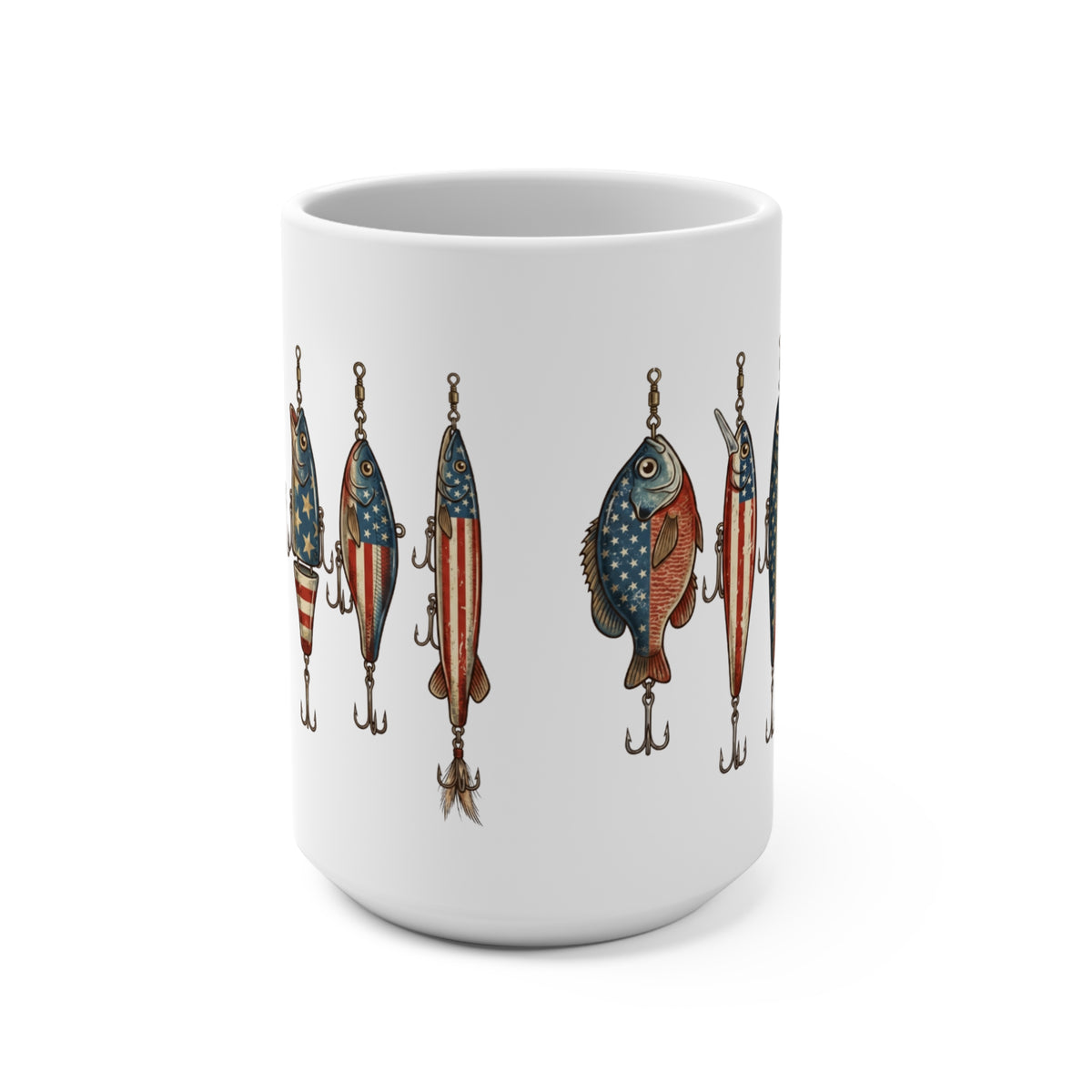 White mug with a repeating pattern of fishing lures decorated with American flag elements.