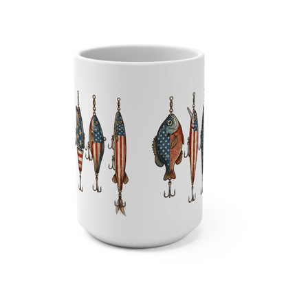 White mug with a repeating pattern of fishing lures decorated with American flag elements.