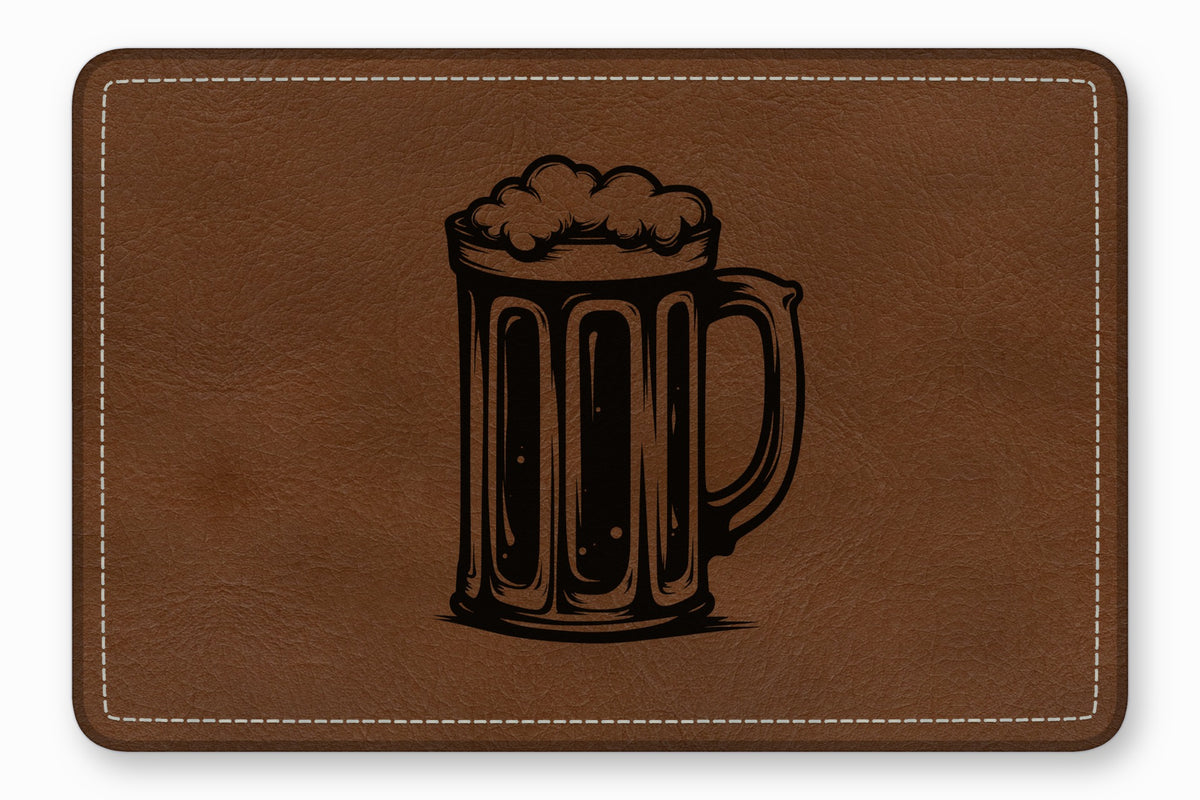 Brown rectangular leather patch with rounded corners and white stitching, featuring a black laser-engraved beer mug.