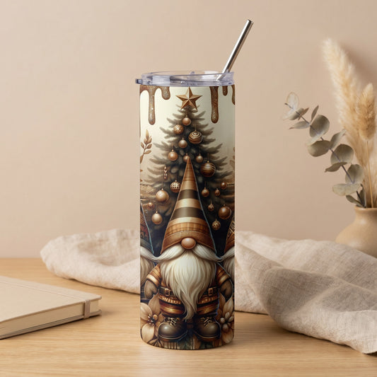 Christmas gnome design on a tumbler with a metallic straw.