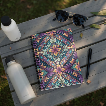 Spiral-bound notebook with colorful floral mandala design on wooden bench with water bottles.