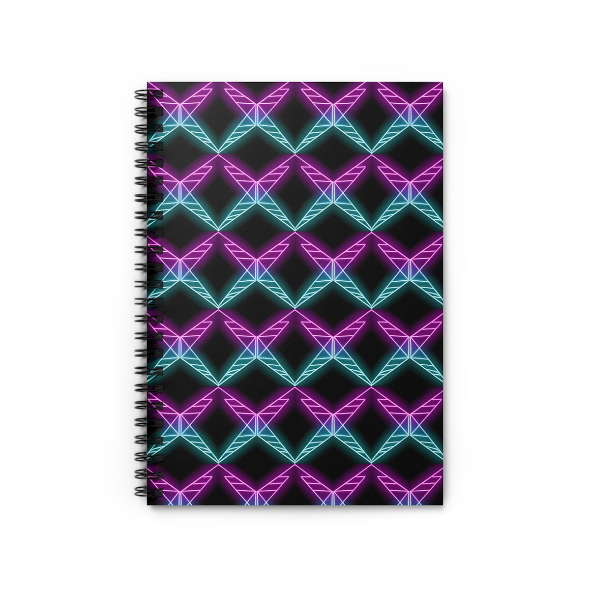 Spiral-bound notebook with a geometric neon pattern in pink and blue.