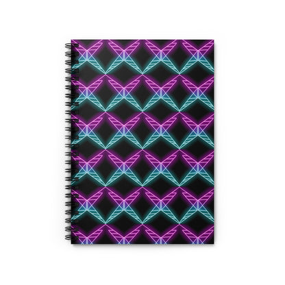 Spiral-bound notebook with a geometric neon pattern in pink and blue.