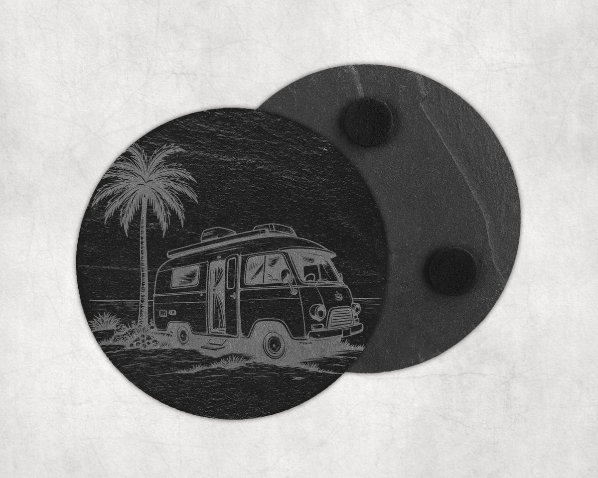 Round slate coaster with laser-etched camper van and palm tree scene.