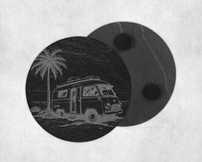 Round slate coaster with laser-etched camper van and palm tree scene.