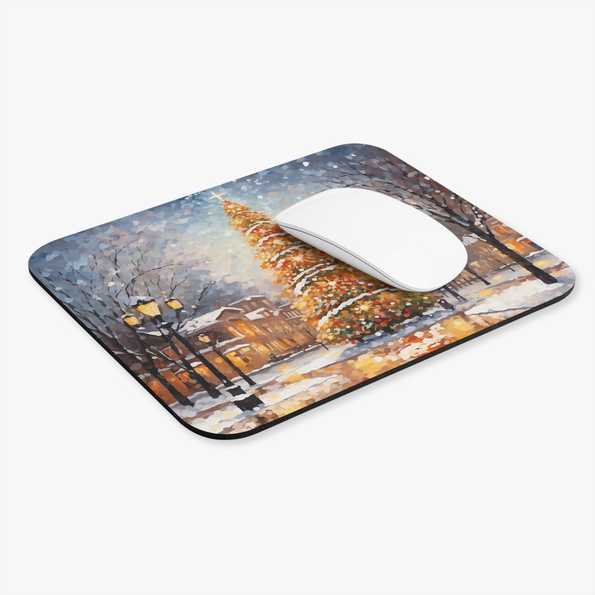 Mousepad with impressionistic snowy park scene featuring a decorated Christmas tree and lampposts.