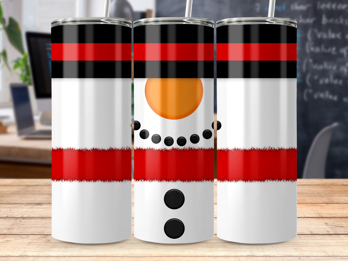 Three tumblers with a snowman design featuring red, black, and white stripes, orange nose, and black eyes and buttons.