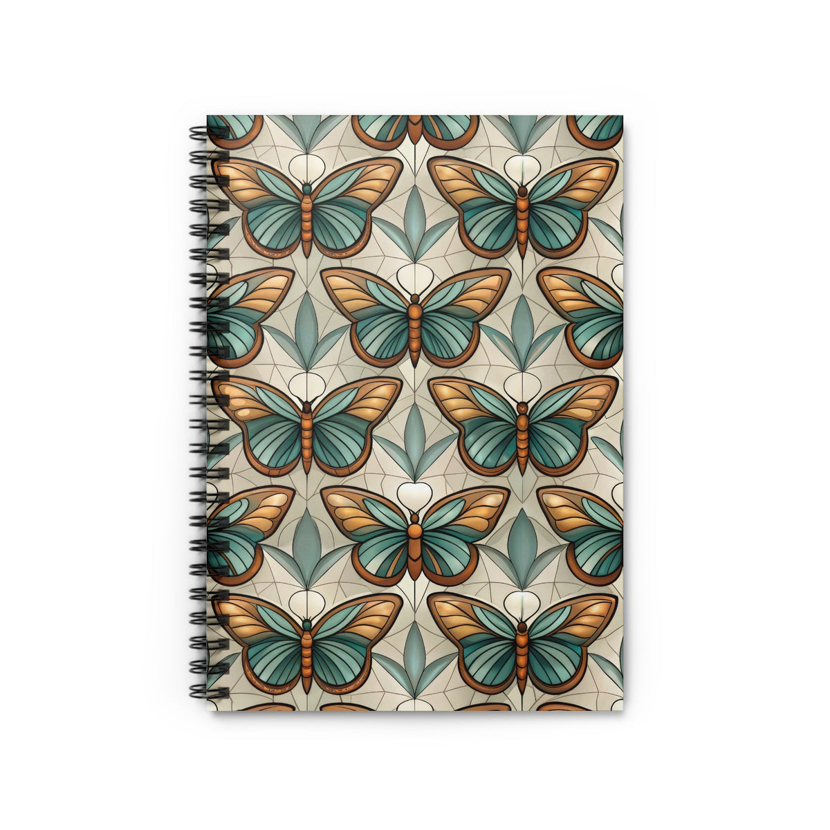 Spiral-bound notebook with a repeating art nouveau butterfly and floral pattern.