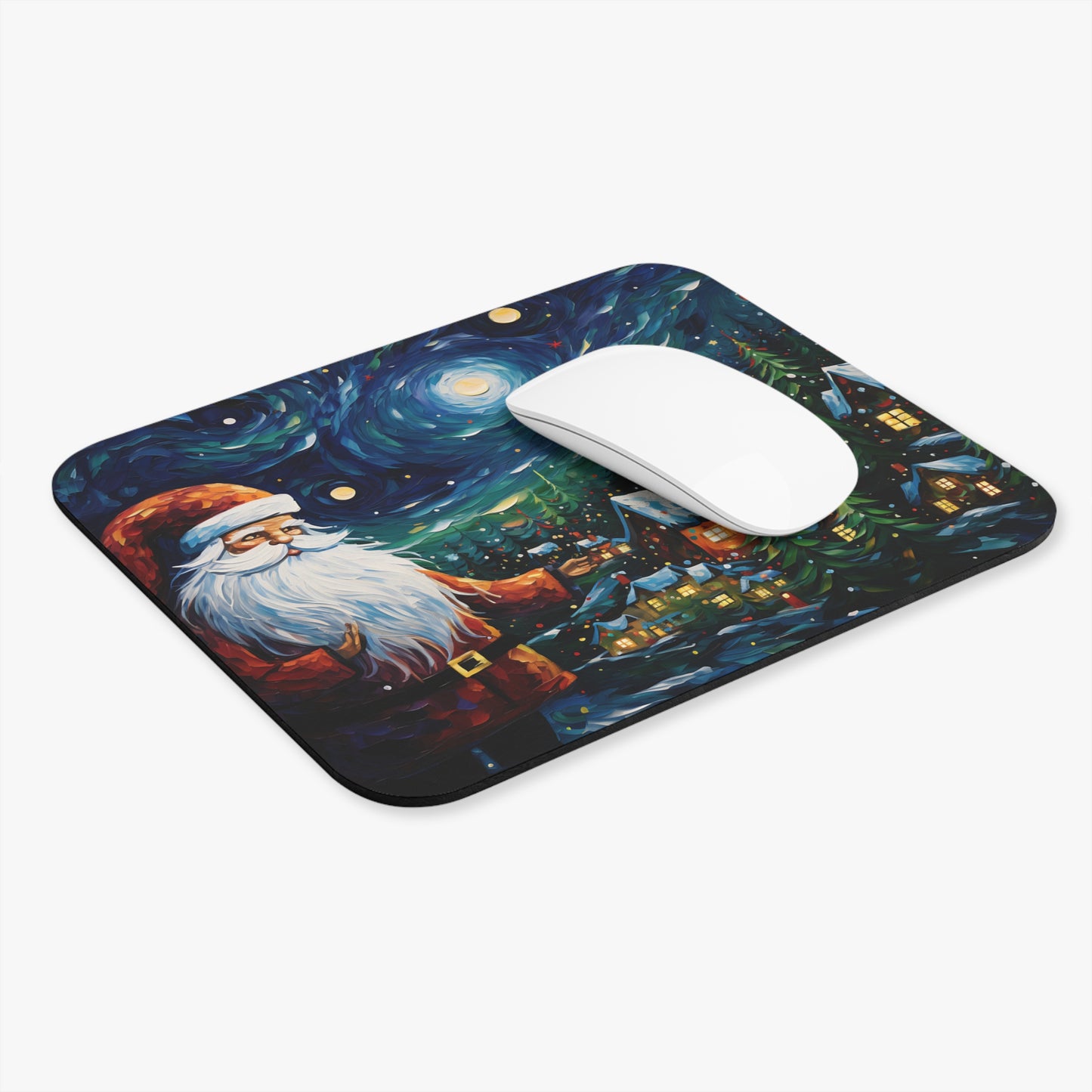 Mousepad with Santa Claus and snowy village artwork in a starry night sky.