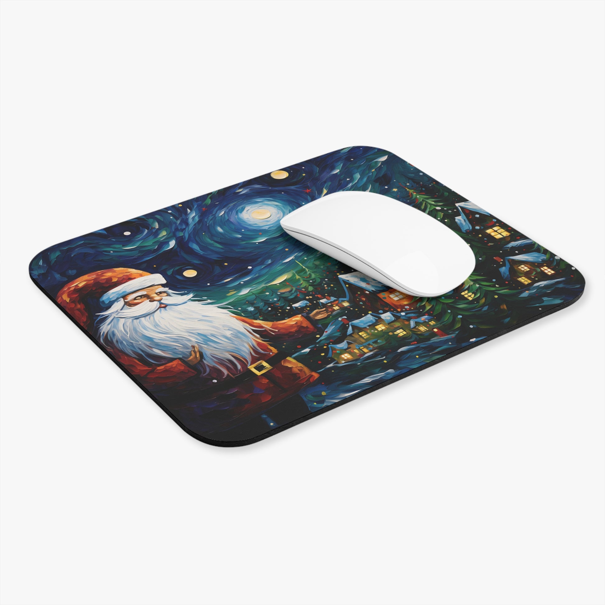 Mousepad with Santa Claus and snowy village artwork in a starry night sky.
