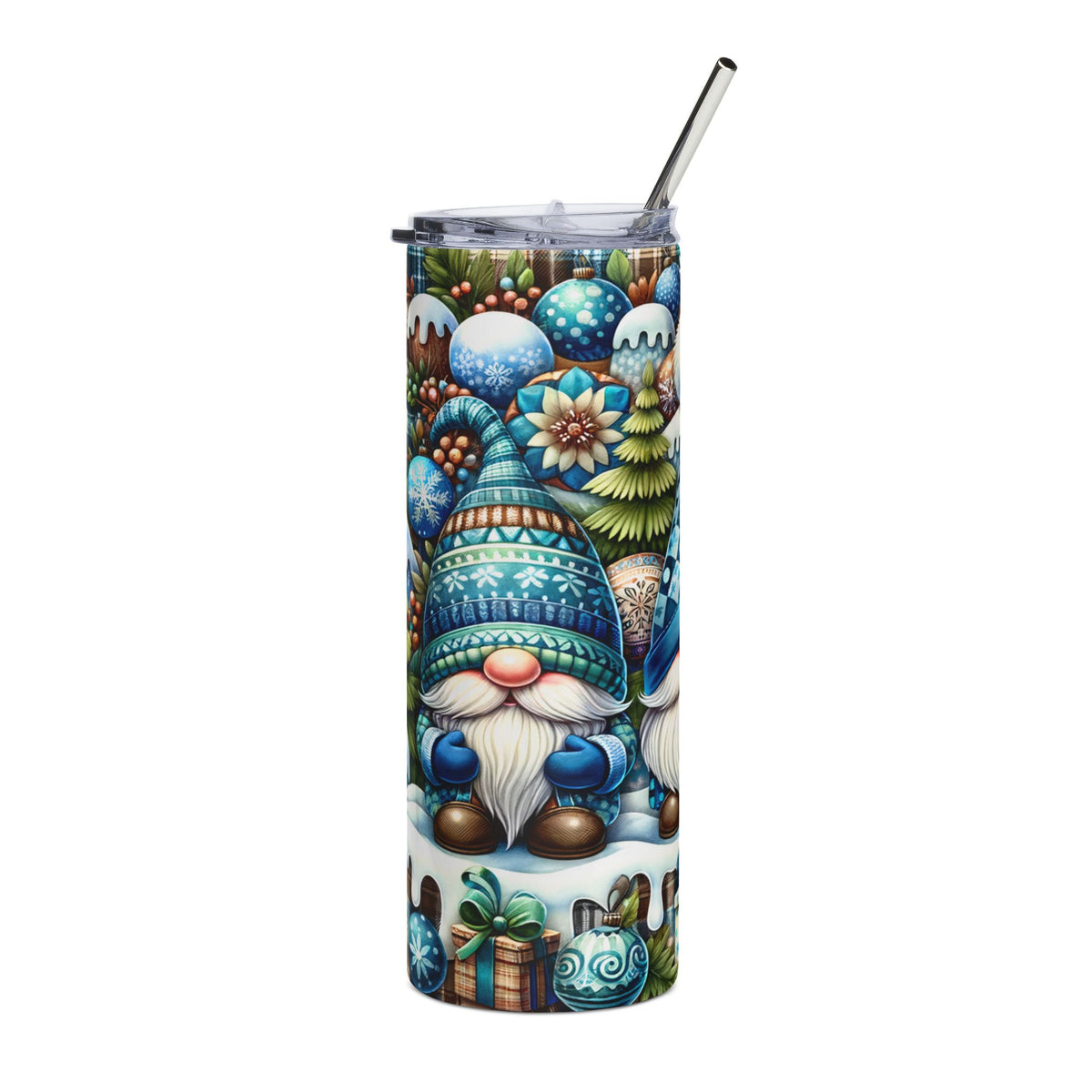 Tumbler with a holiday gnome pattern, adorned with Christmas ornaments and gifts.
