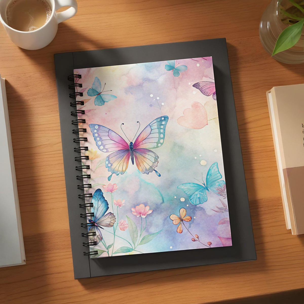 Spiral bound journal with watercolor butterflies and floral design on cover.