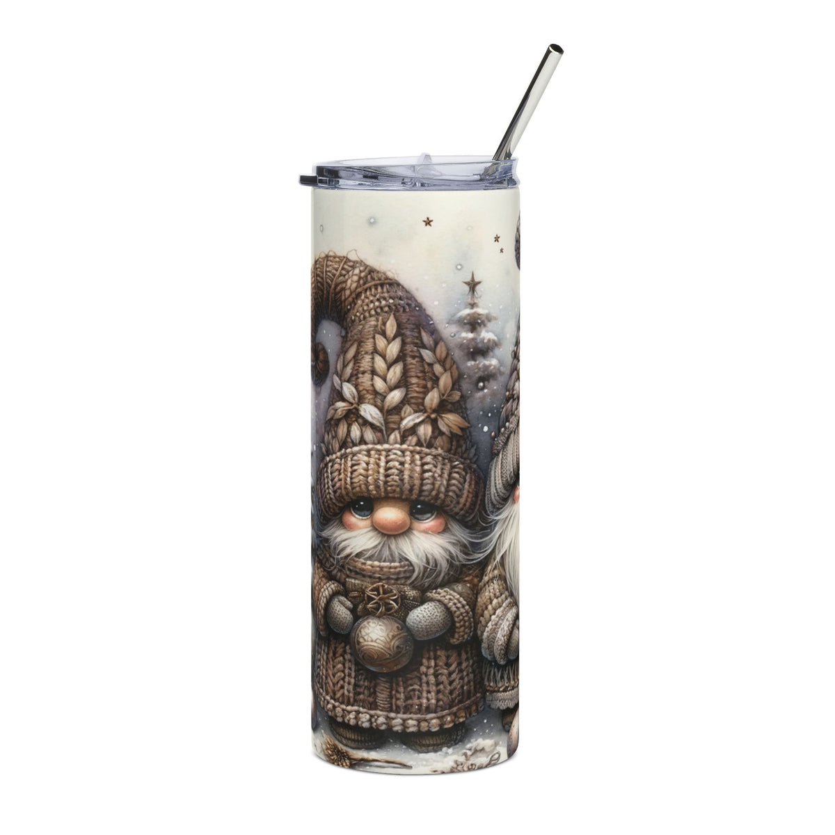Tumbler with winter gnomes, snowflakes, and Christmas trees.