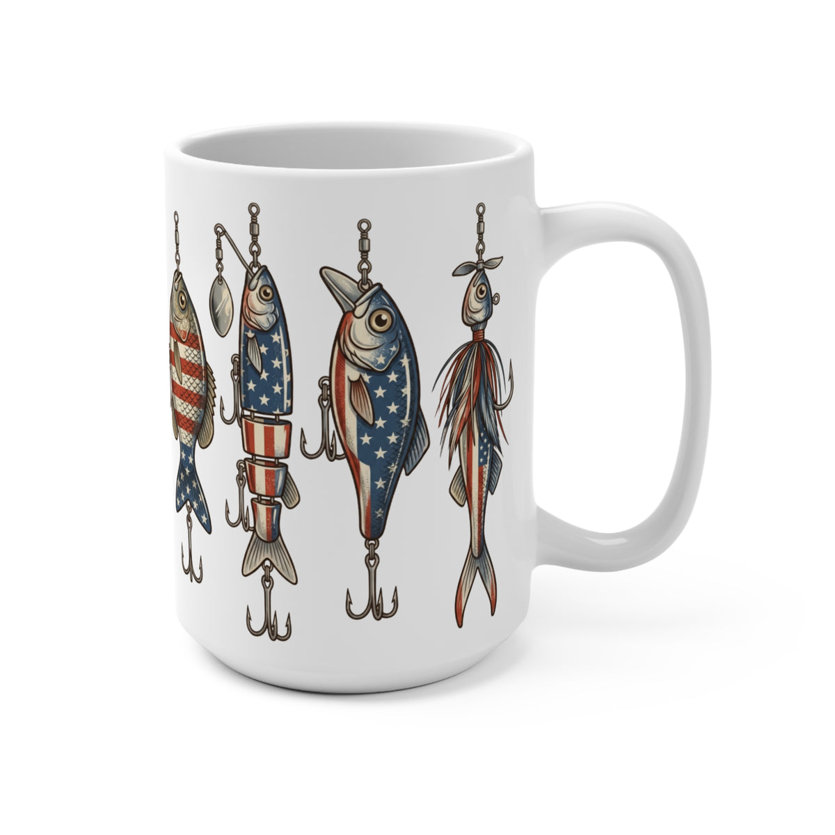 White mug with a print of four fishing lures decorated with American flag motifs.