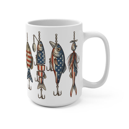 White mug with a print of four fishing lures decorated with American flag motifs.