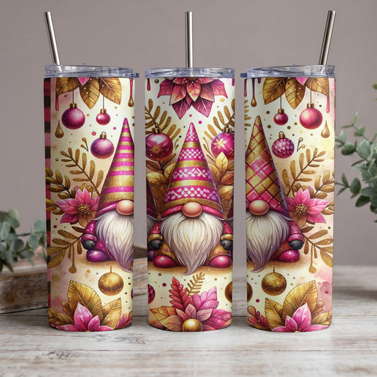 Three tumblers with gnomes, poinsettias, and Christmas ornaments in pink and gold.
