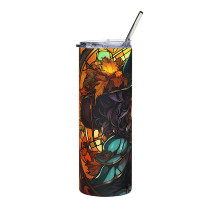 Tumbler with a witch and autumn leaves design, stained glass effect.