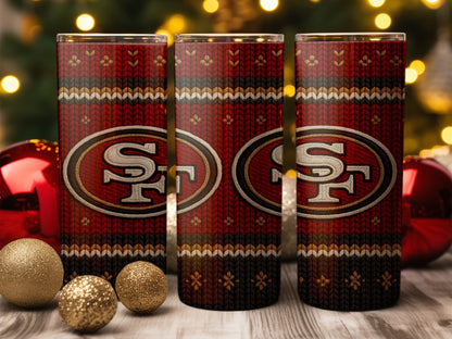 Three tumblers with a red knit pattern and San Francisco 49ers logo.