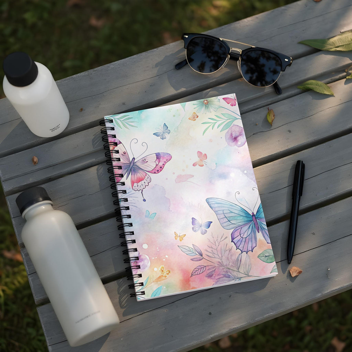 Spiral bound notebook with watercolor butterfly and floral design, on a wooden table.