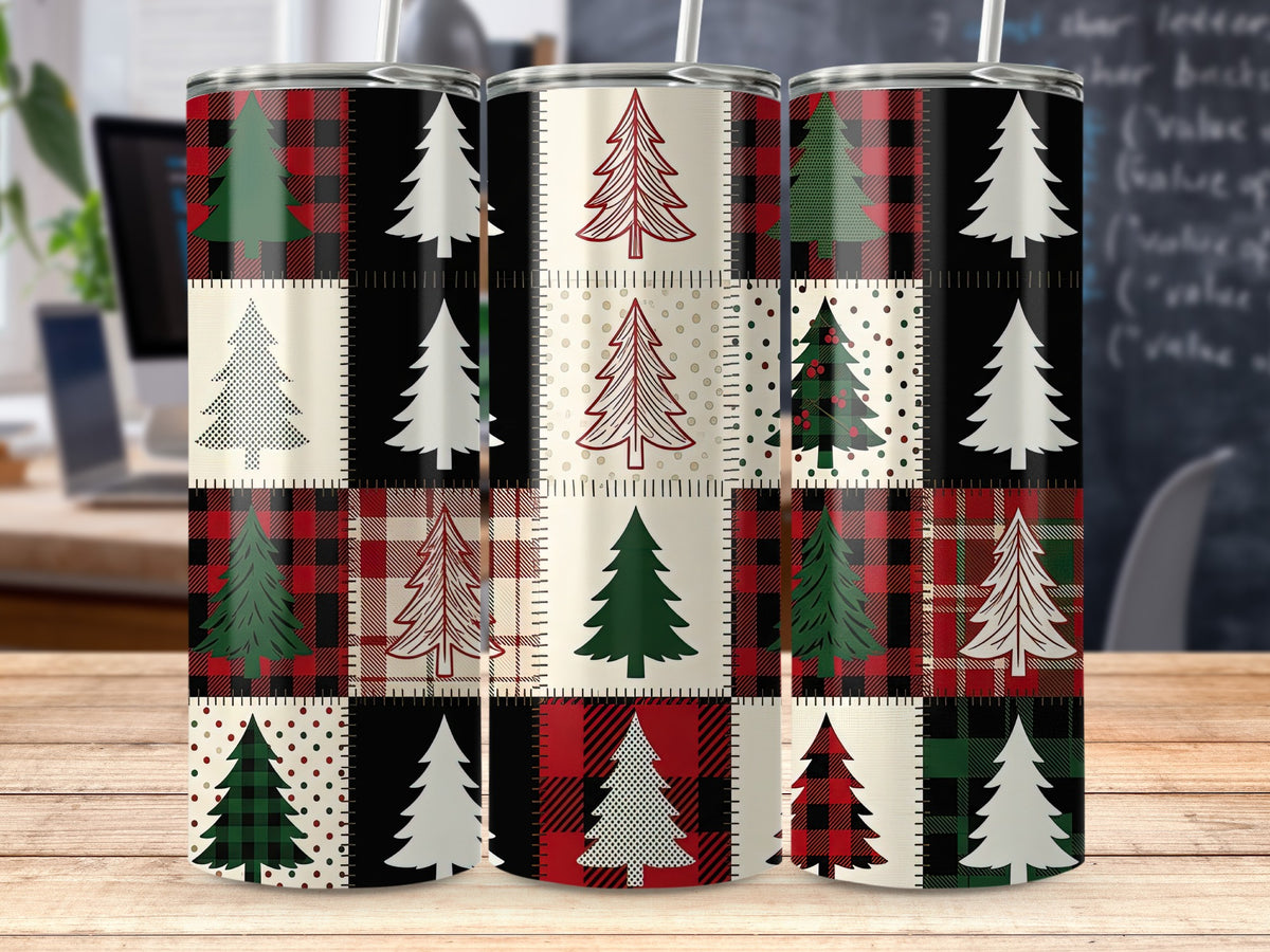 Three tumblers with patchwork designs of Christmas trees and plaid patterns.