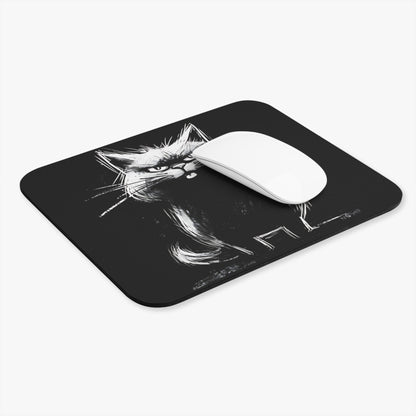 Black mousepad with a white, sketchy drawing of an angry cat and a white computer mouse.