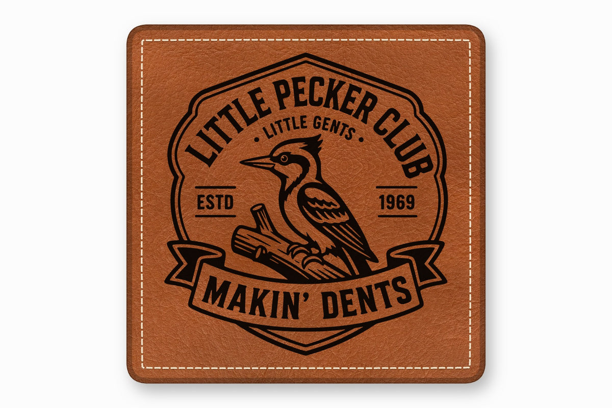 Brown leather patch featuring a black stamped logo of a woodpecker, branch, and text.