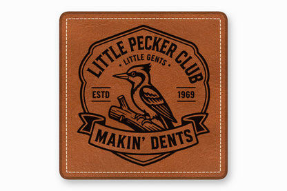 Brown leather patch featuring a black stamped logo of a woodpecker, branch, and text.
