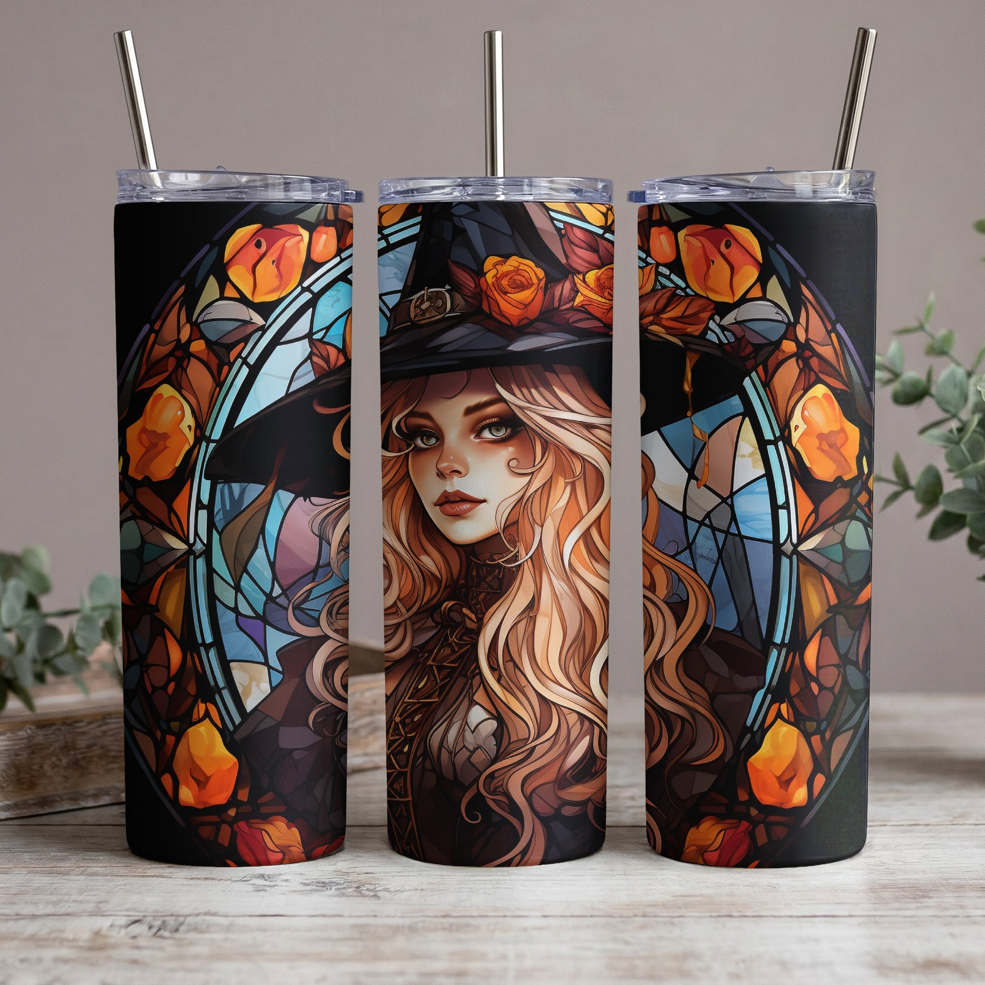 Three tumblers featuring a witch and stained-glass floral design.