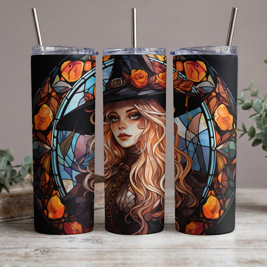 Three tumblers featuring a witch and stained-glass floral design.