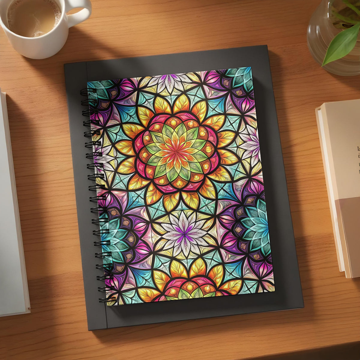 Spiral bound notebook with a vibrant stained glass mandala pattern on the cover.