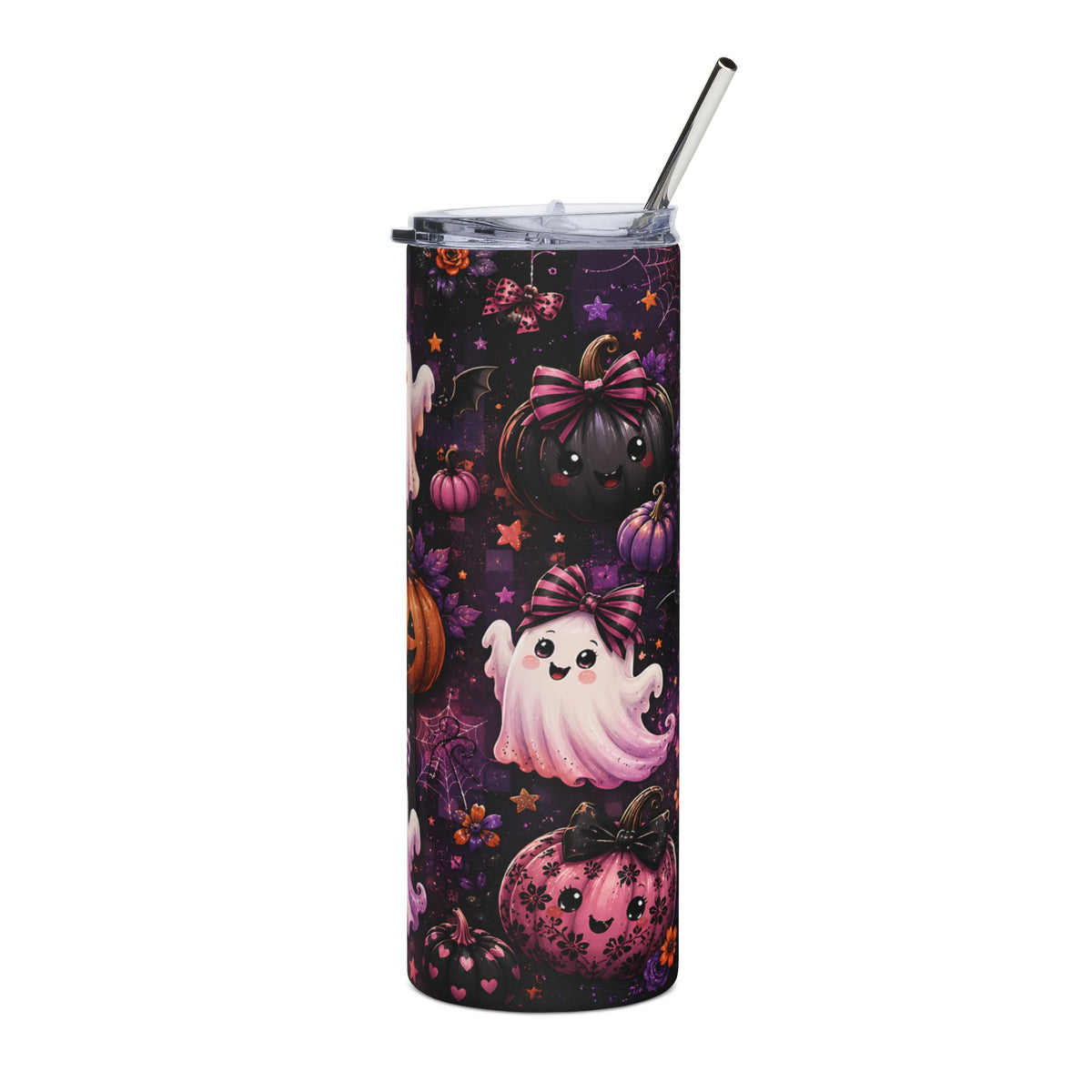 Tumbler with a dark background featuring cute ghosts, pumpkins, bats, and stars.