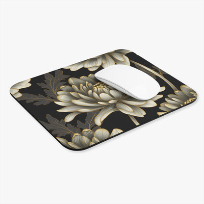 Mousepad with a black background and a detailed floral pattern of white and gold flowers.