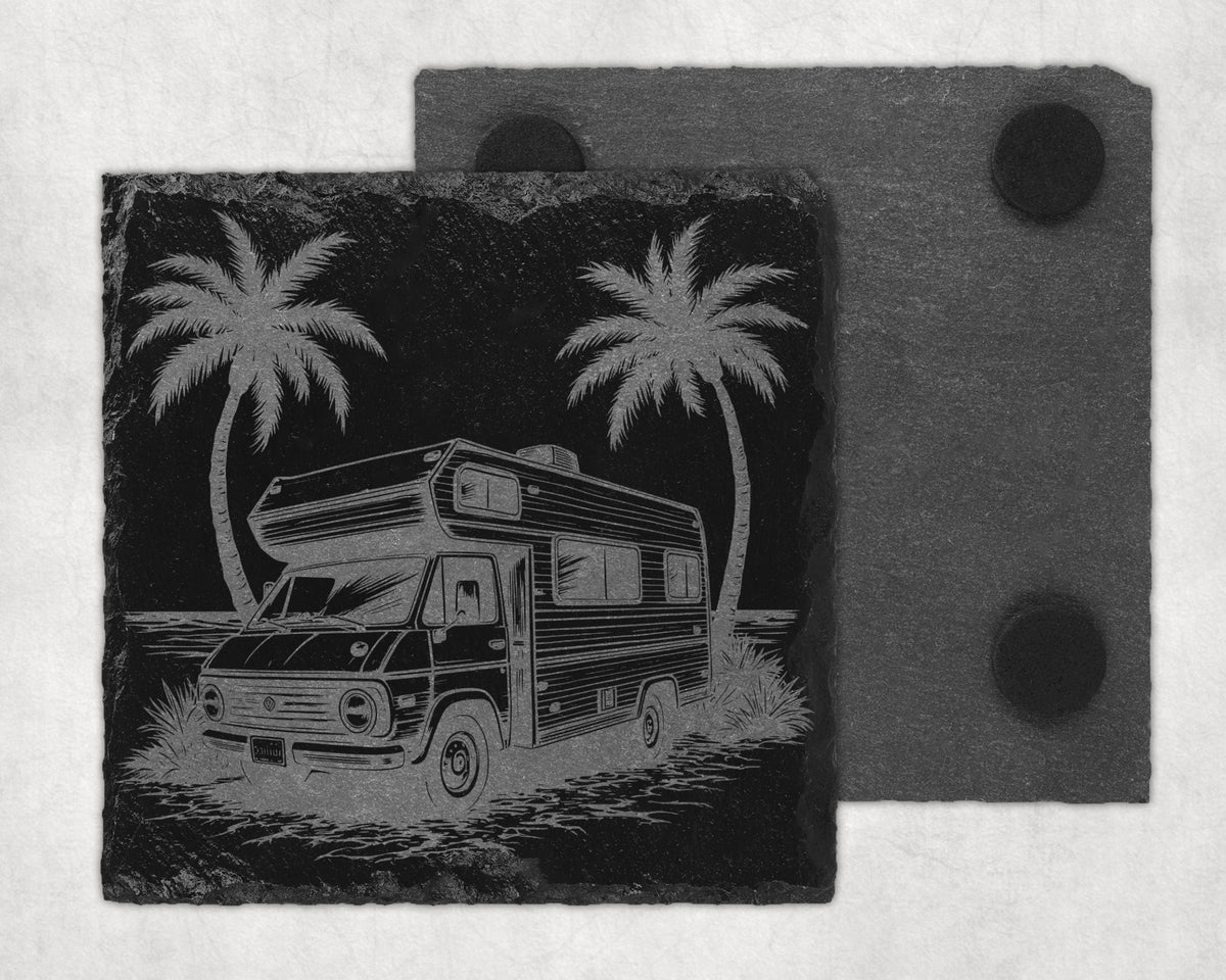 Engraved slate coaster with RV and palm trees by the ocean scene.