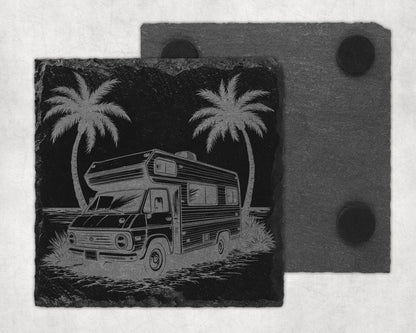 Engraved slate coaster with RV and palm trees by the ocean scene.