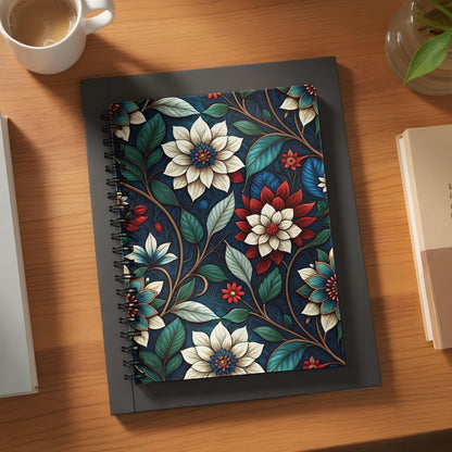 Spiral bound notebook with dark blue floral pattern and white, red, and teal flowers.